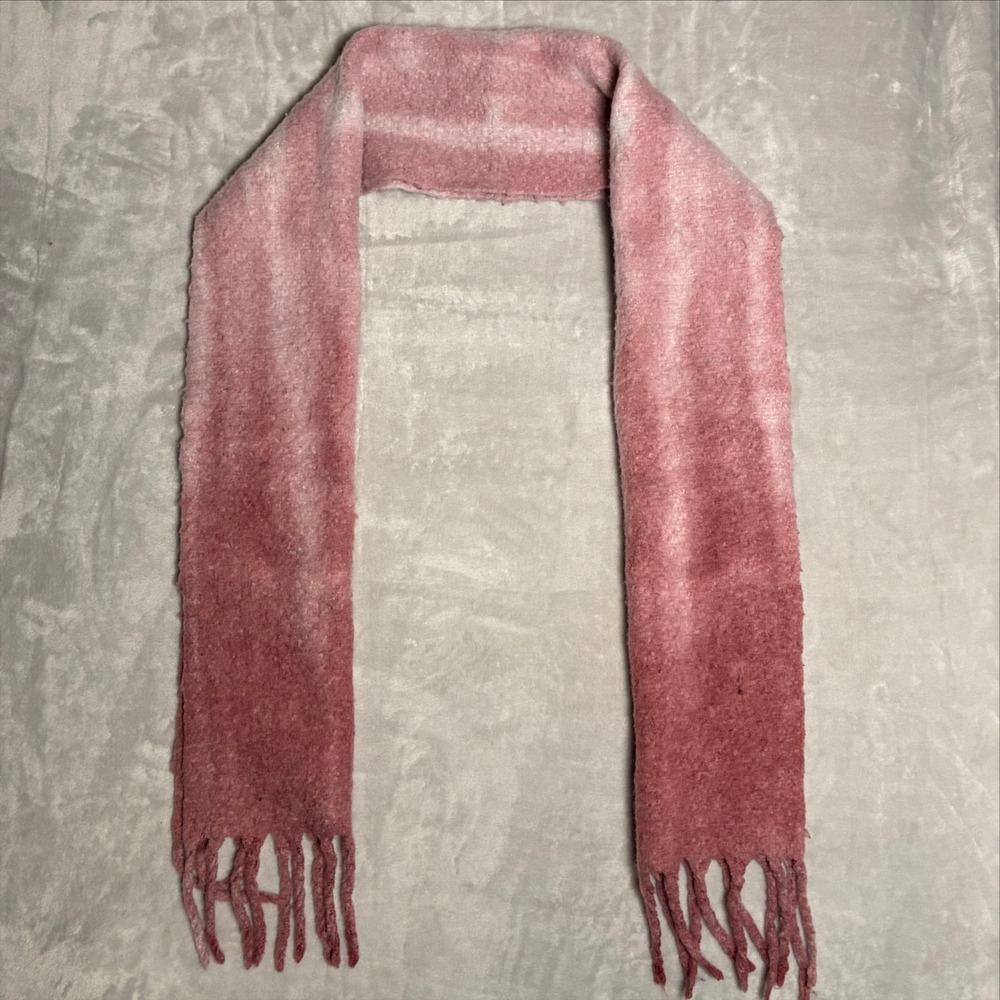 Pink Ombre Fuzzy Knit Scarf with Tassel Fringe Soft Winter Accessory